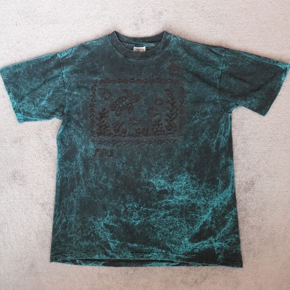 Vintage ONEITA Shirt Men's 2XL Green Black Maui Ocean Graphic Short Sleeve 90s